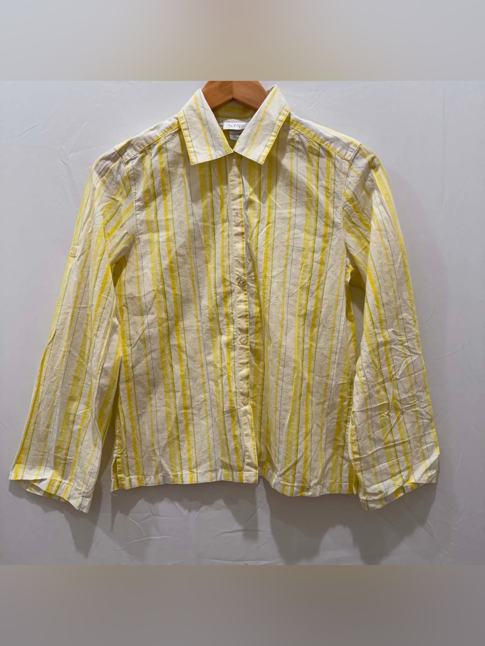 La SENZA Vintage Yellow Green & White Striped Button-Down Shirt Petite S